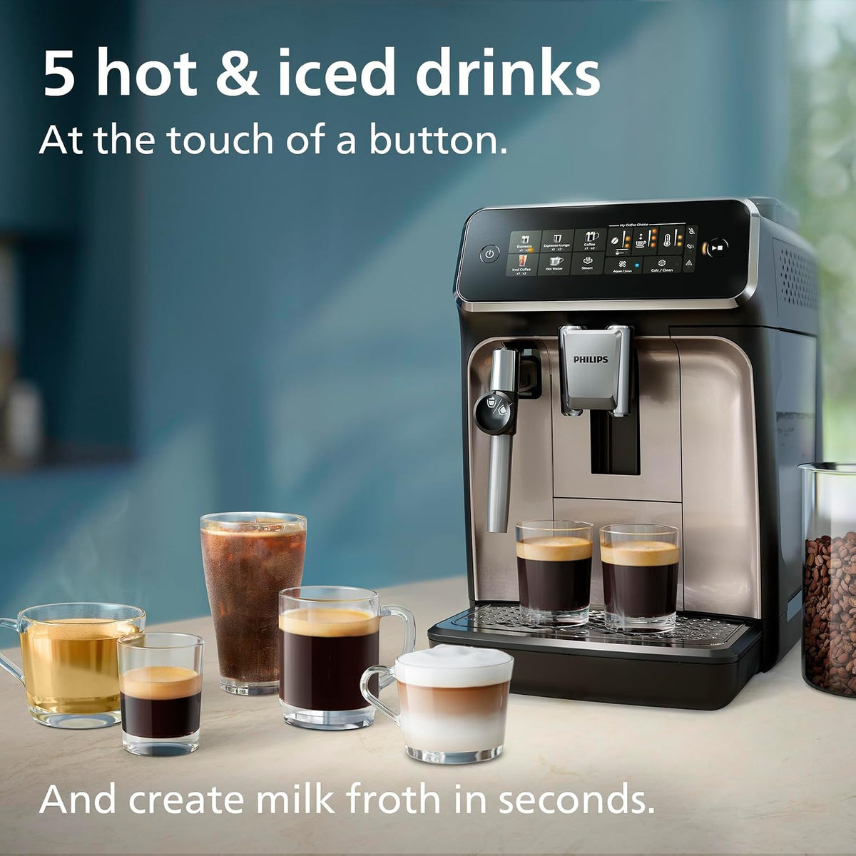 PHILIPS 3300 Series Bean to Cup Coffee Machine, 5 Hot/Iced Drinks One Touch