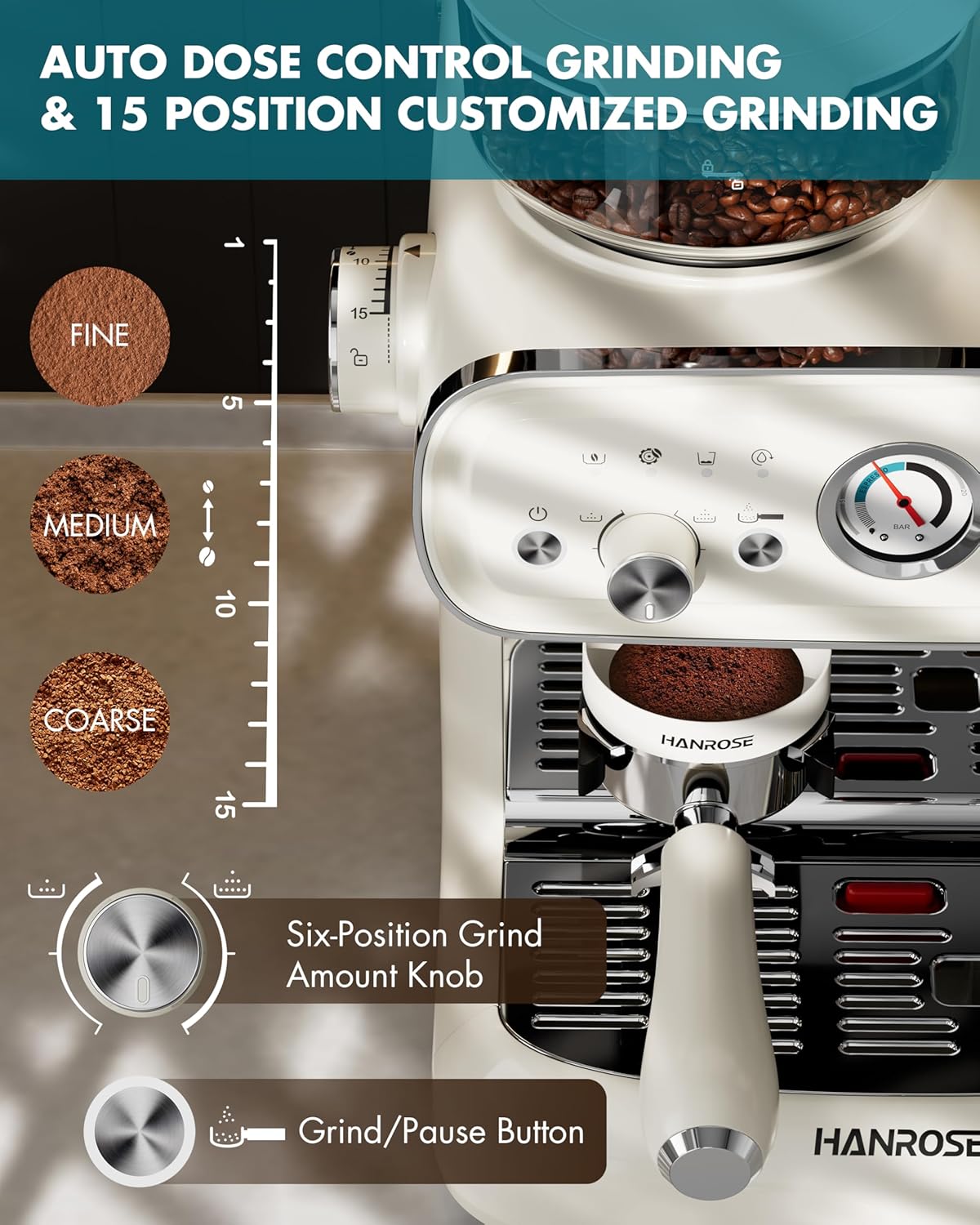 Espresso Machine with Grinder, 20 Bar ULKA Pump, 58mm Portafilter