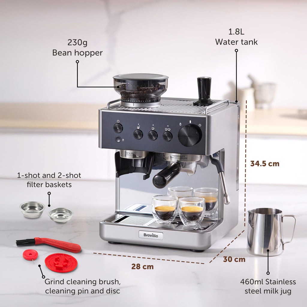 Breville Barista Max Espresso Machine | Latte & Cappuccino Coffee Maker with Integrated Bean Grinder & Steam Wand | 2.8 L Water Tank | 15 Bar Italian Pump | Stainless Steel