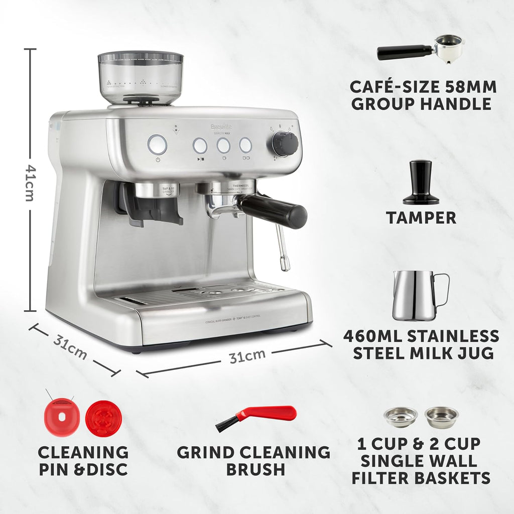Breville Barista Max Espresso Machine | Latte & Cappuccino Coffee Maker with Integrated Bean Grinder & Steam Wand | 2.8 L Water Tank | 15 Bar Italian Pump | Stainless Steel