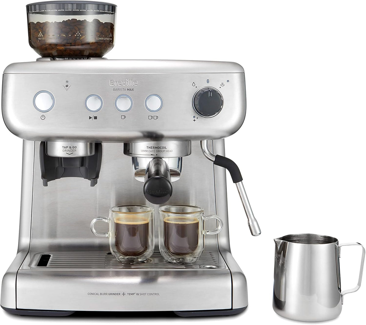 Breville Barista Max Espresso Machine | Latte & Cappuccino Coffee Maker with Integrated Bean Grinder & Steam Wand | 2.8 L Water Tank | 15 Bar Italian Pump | Stainless Steel